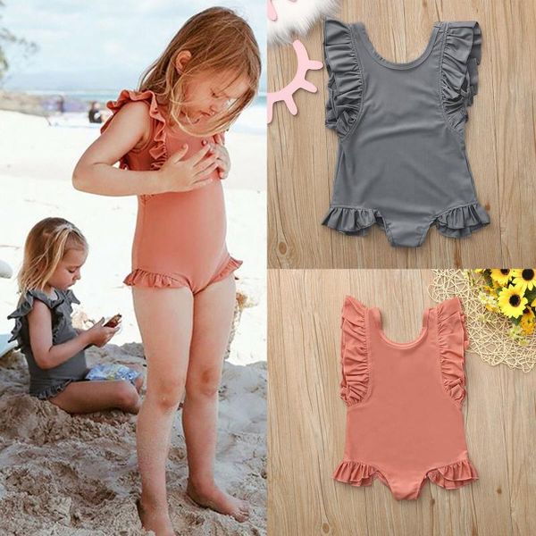 

one-pieces toddler baby girls swimwear ruffles solid color swimsuit summer one piece bikini for kids bathing suit swimming biquini 1-5 year, Black