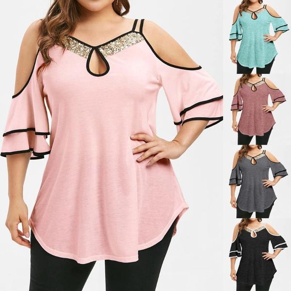 

women's t-shirt women summer shirt casual strap leaky shoulder sequin short sleeve strapless plus size blouse, White