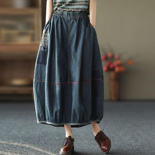 

nini wonderland 2021 spring patchwork denim skirt women elastic waist vintage midi skirt autumn female loose casual bud skirts, Black