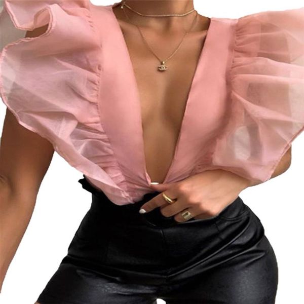 

2021 new ruffles sleeve deep v-neck shirt blouse clubwear women mesh sheer see through shirt summer beach, White