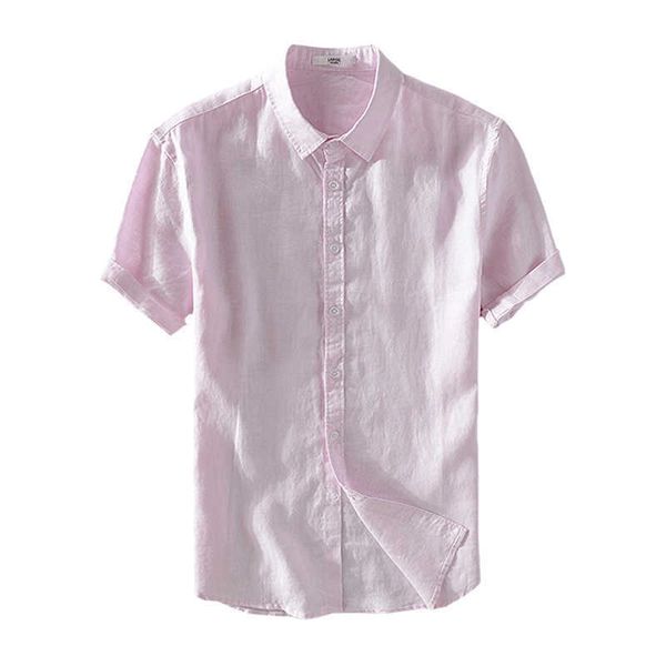 

summer short sleeve shirts for men casual solid color pink 100%pure linen turn-down collar male regular classic clothing 210601, White;black