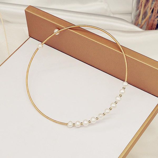 

chains fashion women choker necklace single one layer golden plating metal wire natural freshwater pearls gifts, Silver