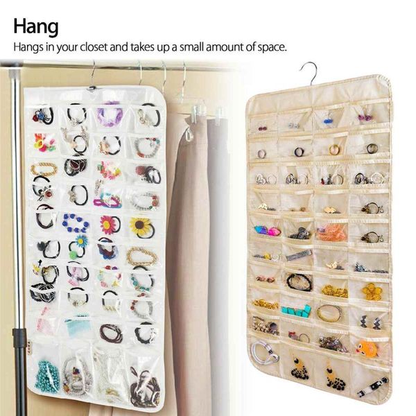 

80 pockets double sided hanging jewelry organizer necklace bracelet earring ring display storage bag earring jewelries pouch, Pink;blue