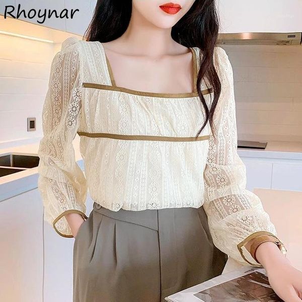 

women's blouses & shirts blouse women autumn fashion leisure elegant panelled lace loose all-match square collar cozy female french sty, White