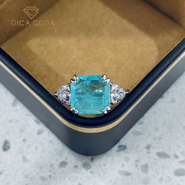 

cluster rings gica 100% 925 sterling silver 10*10mm paraiba tourmaline for women sparkling high carbon diamond party fine jewelry gifts, Golden;silver