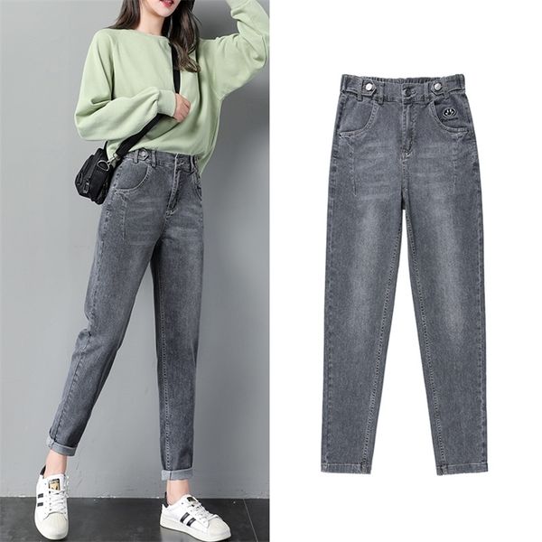 

5xl women's jeans autumn new style korean elastic waist large size embroidered high waist loose harem pants 210202, Blue