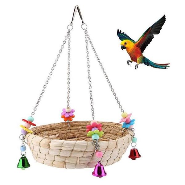 

bird cages and parrot toys natural hand woven straw bed swing with 4 metal bell
