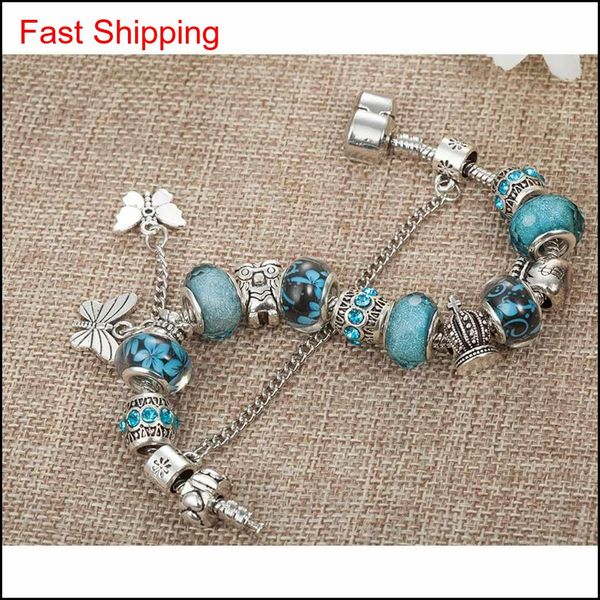 

charm bracelet 925 silver bracelets for women royal crown beads butterfly and owl and flower charms diy jewe qylodx beauty888, Golden;silver
