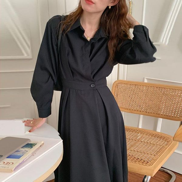 

casual dresses [ewq] korean chic women autumn lapel with one button design high waist thin over the knee long dress female tide 2021 16e3717, Black;gray