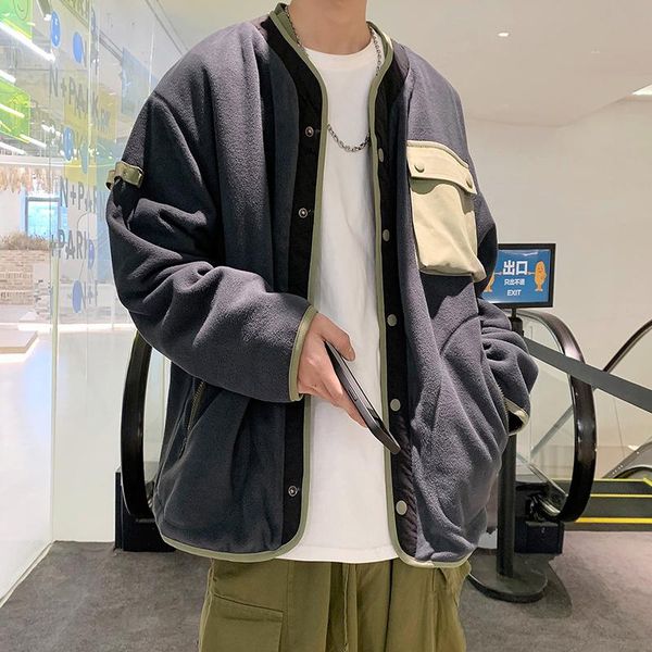 

men's jackets spring and autumn style retro casual jacket ins fashion harajuku color matching polar fleece workwear, Black;brown