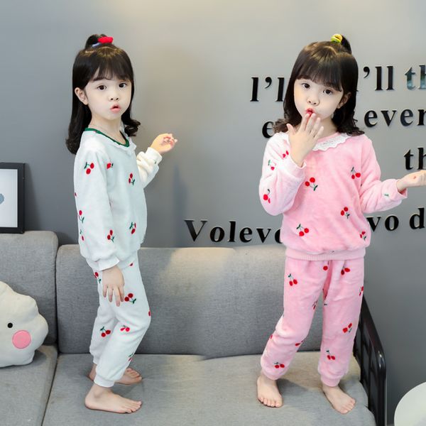 

children's pajamas flannel baby girl clothes spring autumn sleepwear set kids printed +long pants toddler clothing sets, White