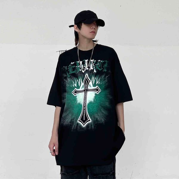 

mralmost dark wind gothic cross print short sleeve t-shirt men's summer niche high street top, White;black