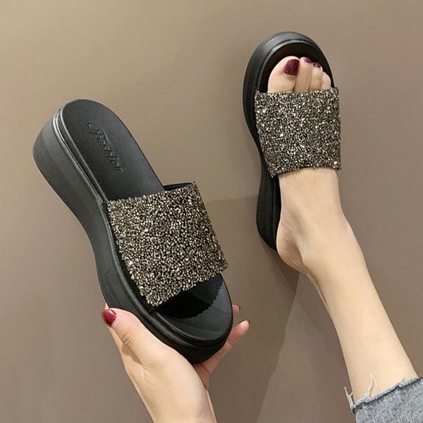 

high-heeled shoes lady woman's slippers on a wedge slides fashion platform 2021 summer luxury pu rubber fabric female shoes slip, Black