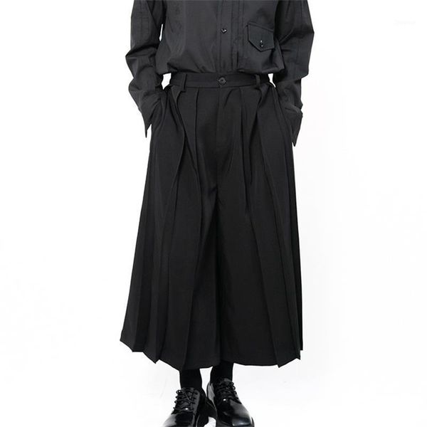 

men's wide leg trousers pleated dark flared pants super loose, Black