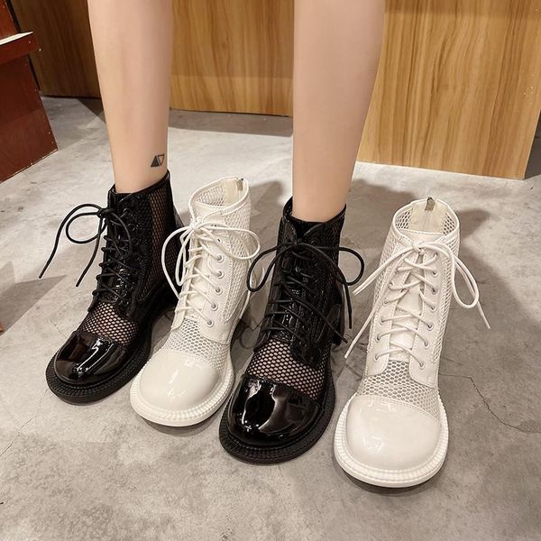 

boots women 2021 female shoes lace up flat heel luxury designer round toe summer ladies fashion riding ankle high pu cr, Black