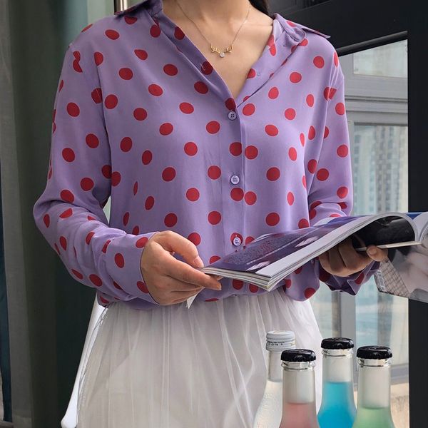 

2021 new 100% mulheres de seda polka dot print blusa manga longa solta turn-down colarinho macio incio do outono camisas xb47, Black