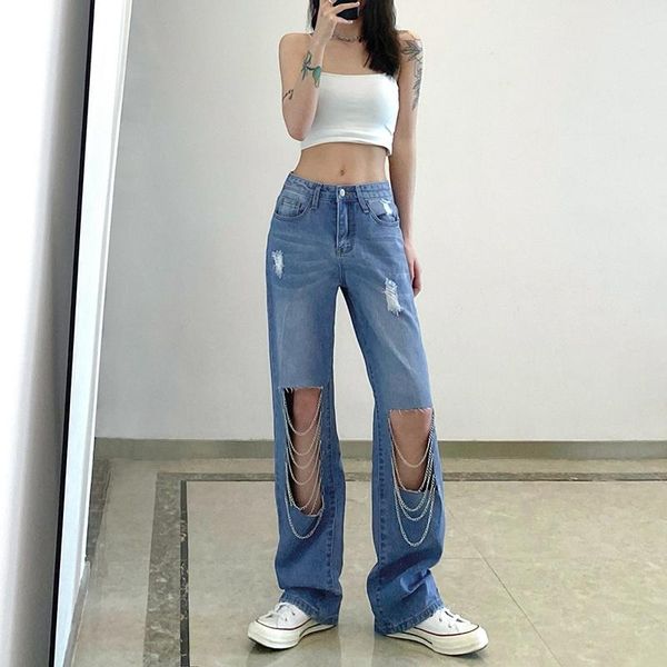 

women's jeans 2021 fall boyfriend wide leg high waist ripped hole casual denim trousers with metal chain street loose, Blue