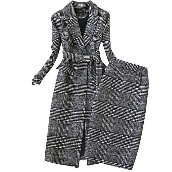 

winter women's suits skirt set temperament slim wool long ladies coat jacket slim two-piece 211104, White