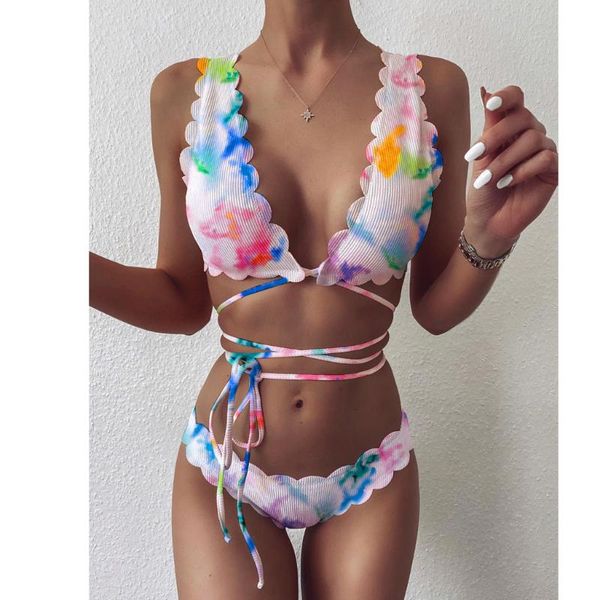 

women tie-dyed print bandage push-up padded bra bikini set swimsuit swimwer