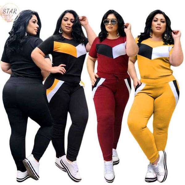 Plus Size 2 Piece Set Mulheres Tracksuits Patchwork Crop Top Manga Curta Leggings Jogger Sport Fit Stretch Atacado Dropshipping Y0625