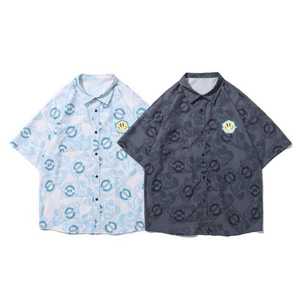 

men's casual shirts 2021 spring loose smile print lapel short sleeve shirt polyester, White;black
