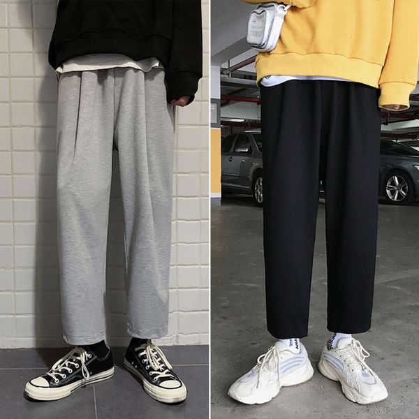 

trend casual versatile sports men's nine point loose new fashion brand straight pants, Black