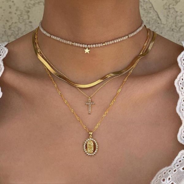 

chokers 4pcs/set cross flower crystal beaded necklace for women snake twisted chain star handmade glass bead choker ethnic charm jewelry, Golden;silver
