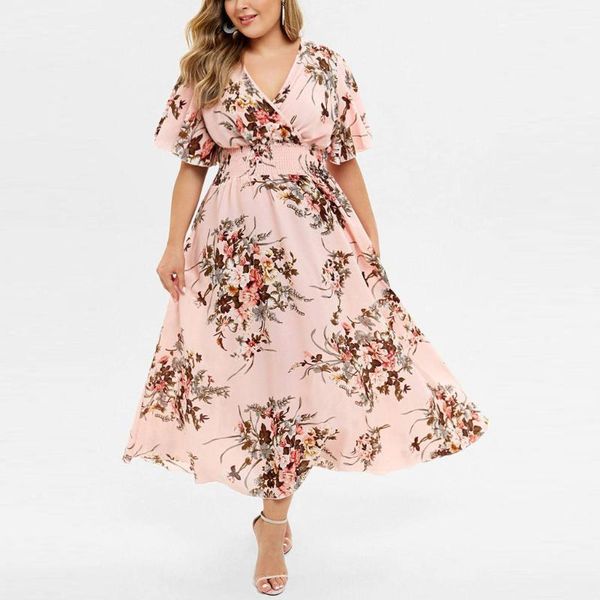 

casual dresses 40# elegant summer dress vintage floral printed sundressÂ v-neck short sleeve 2021 ruffle chiffon oversized, Black;gray
