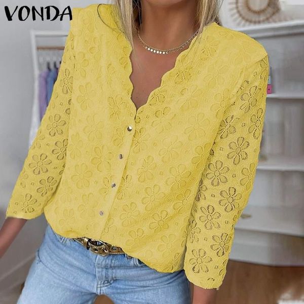 

women's blouses & shirts women blouse vonda casual 3/4 sleeve button up blusas femininas lace v neck vintage pleated holiday ol office, White