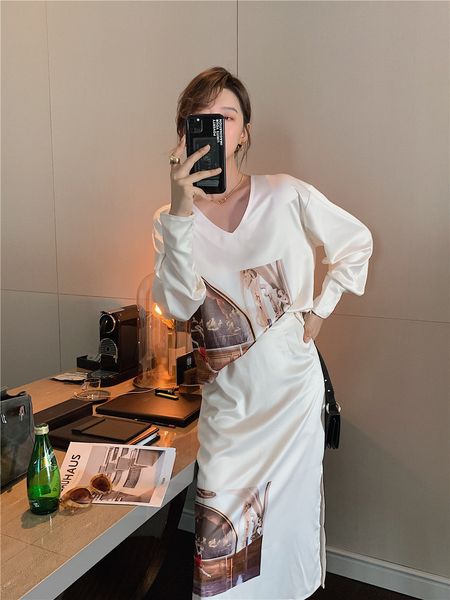 

2021 new vintage blouse oil painting v neck long white lantern sleeve loose ladies autumn clothes women clothing zshy