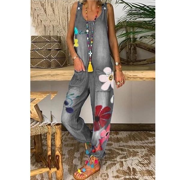 

women's jeans fashion women long jumpsuits flowers printed full lengtj romper casual floral pocket playsuit denim overalls vintage, Blue