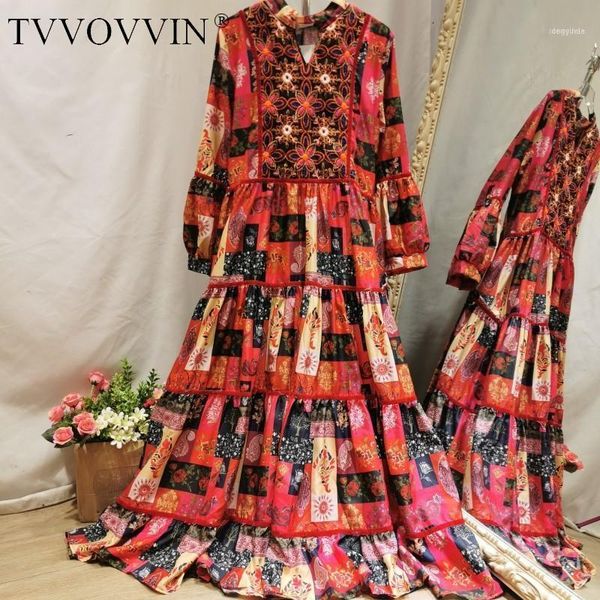 

casual dresses tvvovvin autumn 2021 spring bohemian national style travel holiday embroided print v neck ankle-length full dress women ntme1, Black;gray