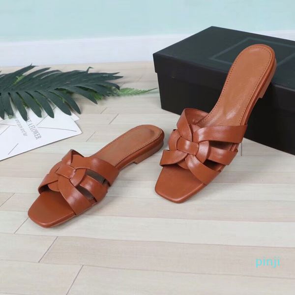 

flat bottomed leather slippers female european and american summer new fashionscasual flat knitted bare toes square headed dragons, Black