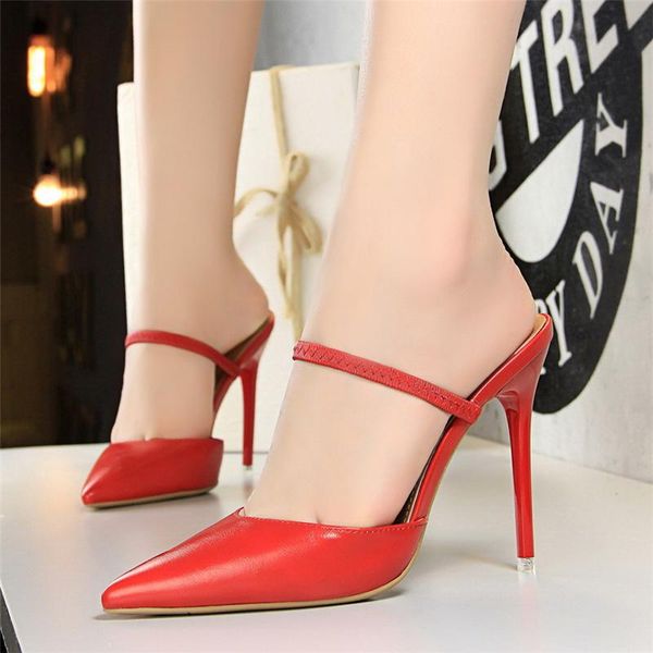 

dress shoes maiernisi big size elegant mules slides leather outdoor slipper pointed toe sandals thin heel high red, Black