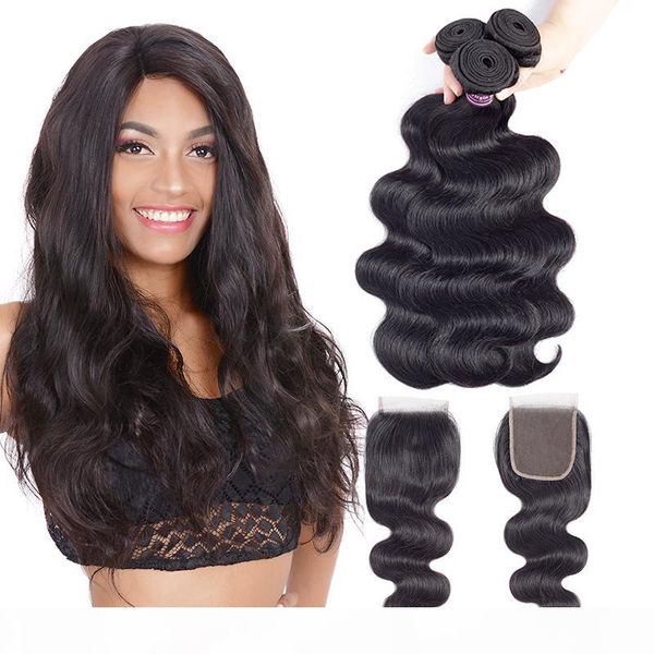 

10a brazilian virgin human hair bundles with closure extensions 3 bundles body wave bundles with lace closure natural color human hair weave, Black