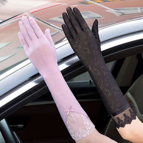 

long section sunscreen lace gloves thin breathable driving women summer touch screen non-slip anti-uv female exquisite gloves, Blue;gray