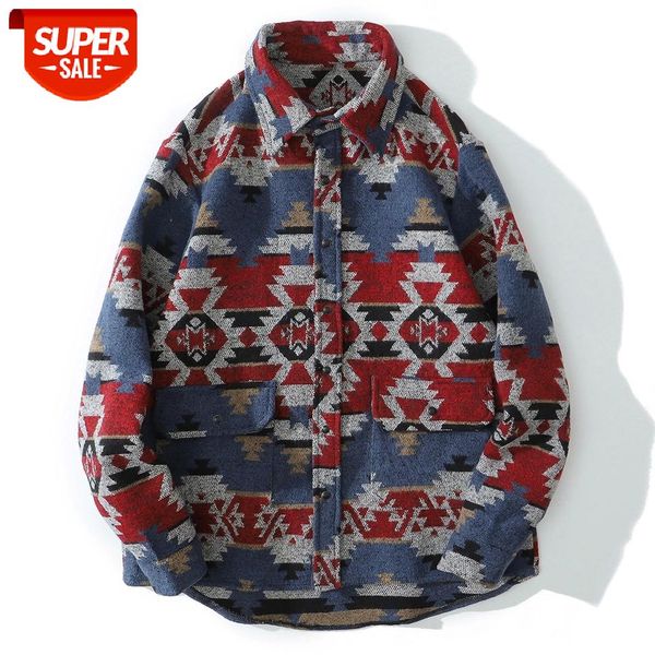 

Retro Diamond Long Sleeve Shirt Men Harajuku National Style Knitted Shirt Streetwear Color Block Snap Button Autumn Cotton #ks9C, White;black