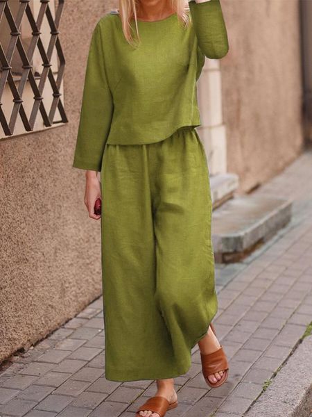 

women's two piece pants plus size 5xl cotton 2 set loose o-neck long sleeve wide-leg suit female fashion casual suits ladies, White
