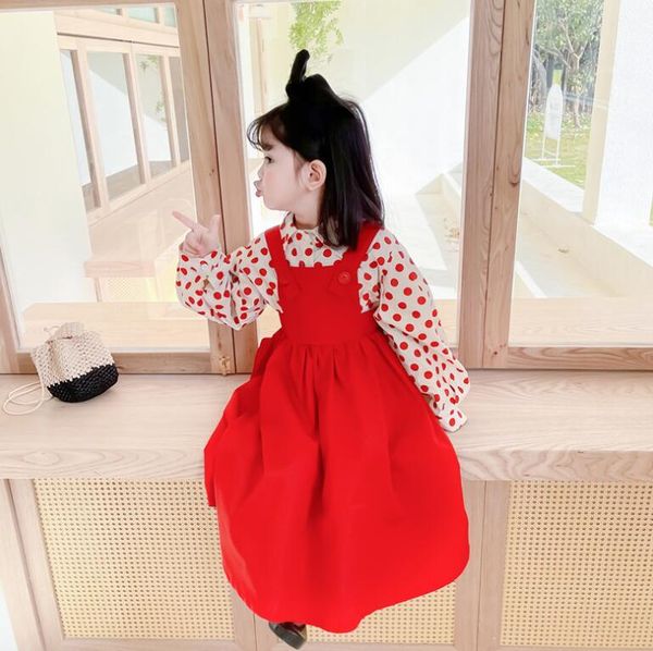 

retail 2021 baby girls fashion dress sets, red vest dress + dot blouse 1-6t, White
