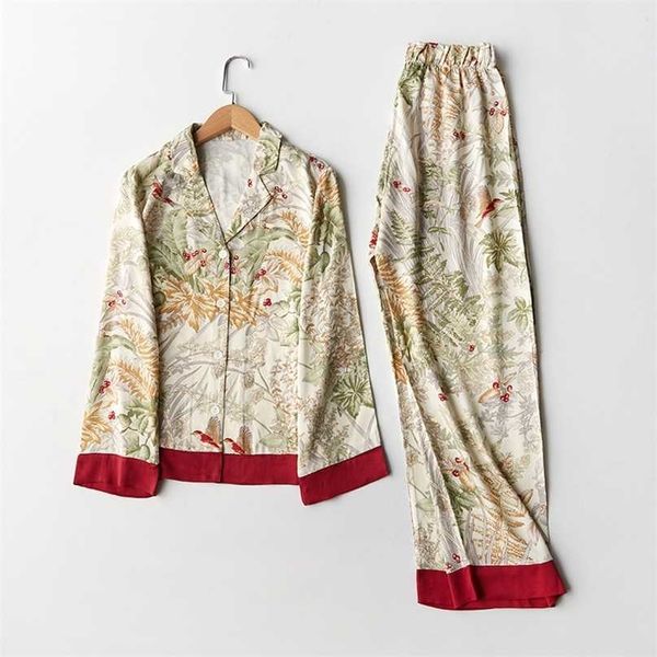 

spring casual long sleeve satin pajama set green grass printing sleepwear loungewear women turn-down collar pijama mujer 211106, Black;red