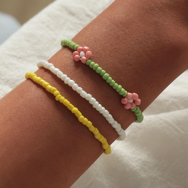 

charm bracelets 3pcs/set korea cute multicolor flowers bracelet sets for women fashion beads couples boho summer beach jewelry, Golden;silver