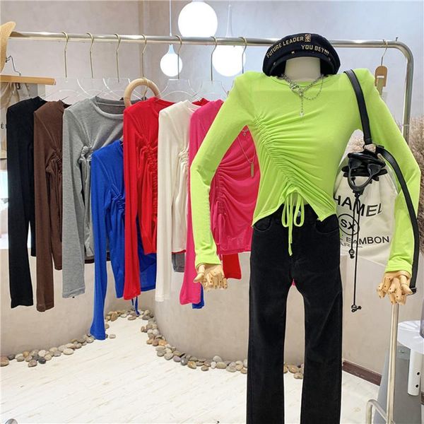 

women's t-shirt clothing 2021 autumn design sense drawstring fold short bottoming long sleeve, White