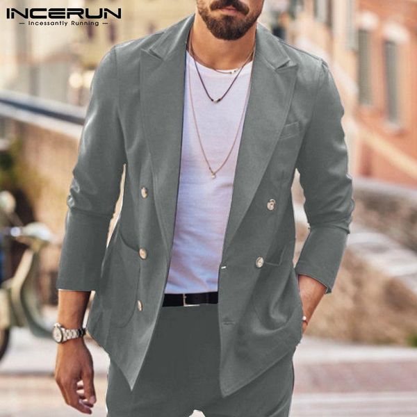 

men's suits & blazers 2021 autumn men blazer solid color lapel streetwear long sleeve double breasted casual pockets thin coats incerun, White;black