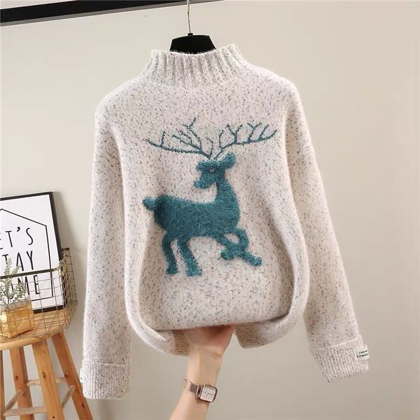 

women's knits & tees winter christmas women sweater half turtleneck cartoon pullover knit coat casual letter long sleeve ladies ju, White