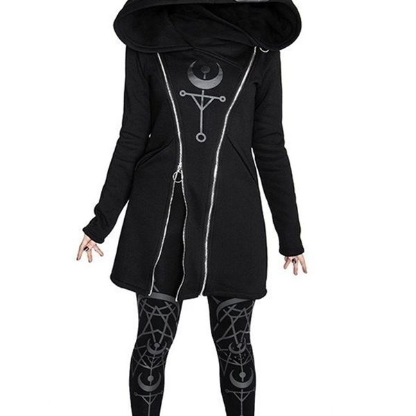 

gothic punk pullover hoodies women long sleeve hooded sweatshirt zipper coat autumn winter female casual hoodie oversized hoody y200610, Black