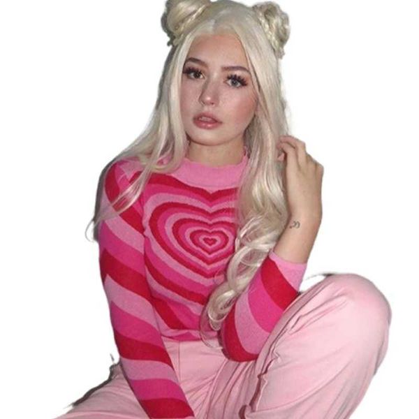 

y2k aesthetic heart stripe turtleneck e girl cute long sleeve sweater pink harajuku 90s sweaters for women 210602, White;black