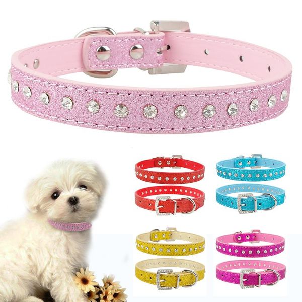 

dog collars & leashes pink color 1 row rhinestone collar diamante crystal pet cat kitten pu leather xs s m for chihuahua