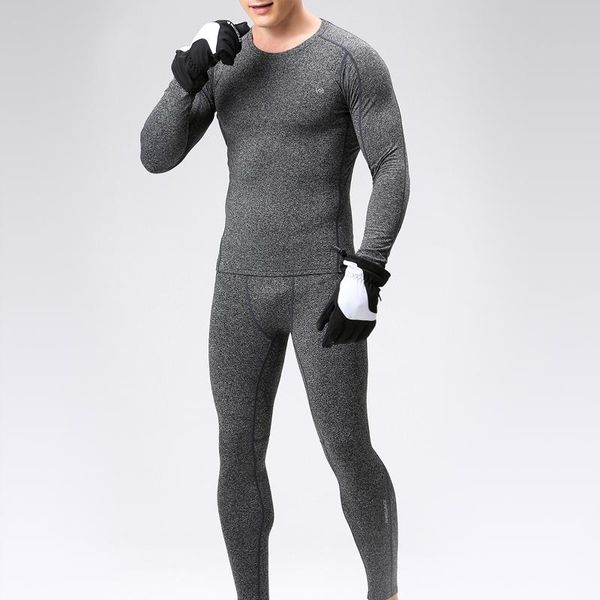

men 2pcs set thermal underwear winter fleece lining thick warm o neck long sleeve pants long johns sets, Gray