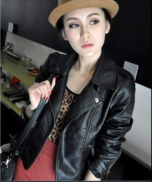 

2021 women black slim cool lady leather jackets sweet female zipper femme outwear coat drop shipping, Black;brown