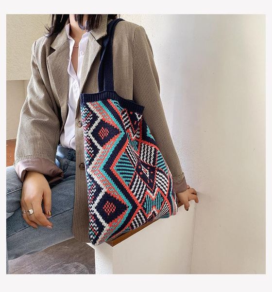 

evening bags lady knitting gypsy bohemian boho chic aztec tote bag women crochet woolen open shopper handle 2021 female daily handbag